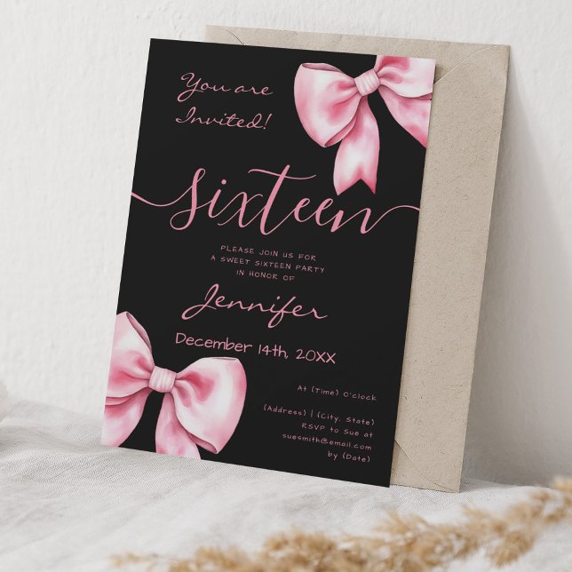 Invitation Coquette Blush Pink Bow Sweet 16 Party Noir (Coquette Blush Pink Bow Sweet 16 Party Black Invitation)