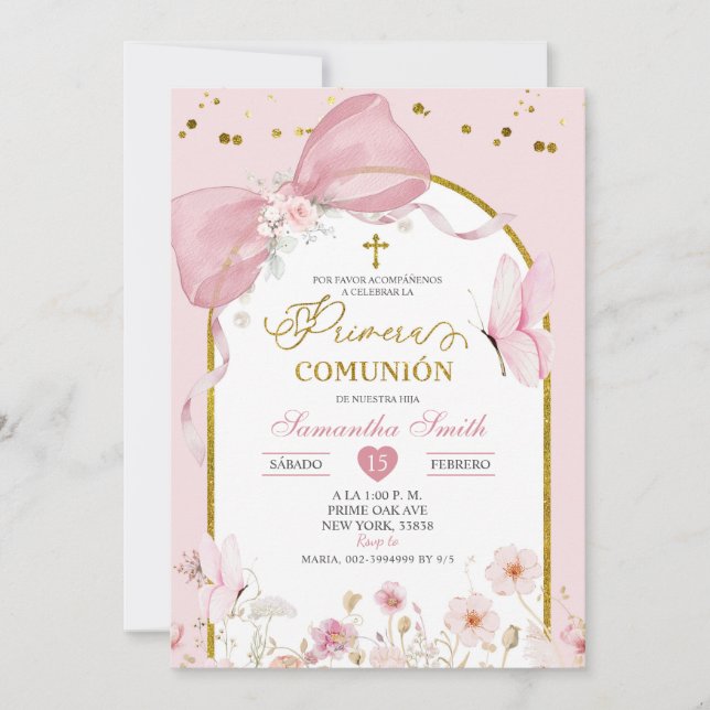 Invitation Coquette Blush Pink Butterfly Primera Communion (Devant)