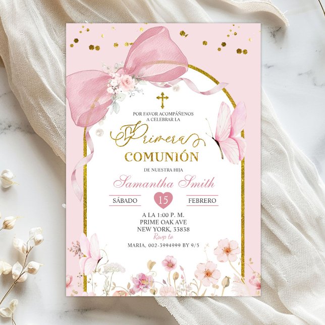 Invitation Coquette Blush Pink Butterfly Primera Communion (Créateur téléchargé)