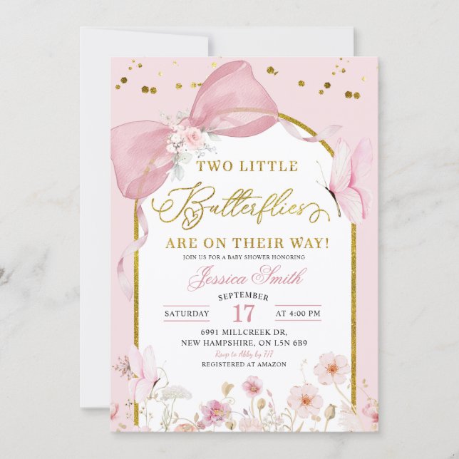 Invitation Coquette Blush Pink Twins Butterfly Baby Shower (Devant)