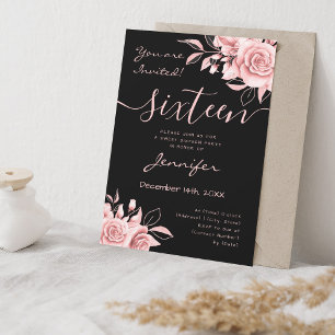 Invitation Coquette Blush Rose Sweet 16 Floral Black
