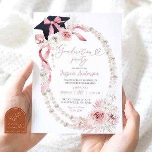 Invitation Coquette Boho rose Bow Pearl Party de graduation
