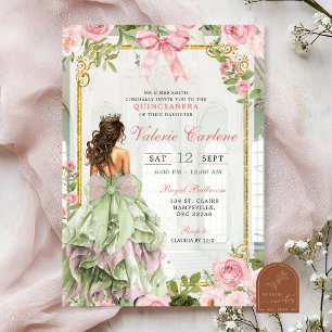 Invitation Coquette Bow Ballroom Sage Blush Pink Quinceanera