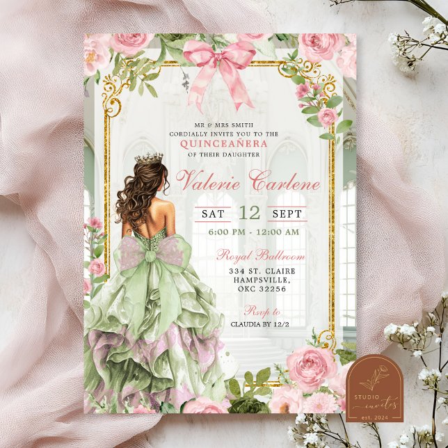 Invitation Coquette Bow Ballroom Sage Blush Pink Quinceanera (Créateur téléchargé)