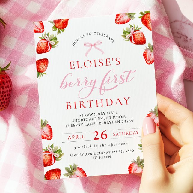 Invitation Coquette Bow Berry First Strawberry First Birday (Créateur téléchargé)