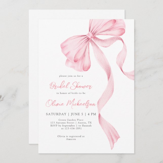 Invitation Coquette Bow Blush Pink Ribbon Fête des mariées (Devant / Derrière)