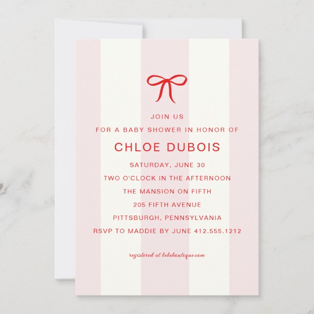 Invitation  Coquette Bow Blush Pink Striped Baby Shower  (Devant)