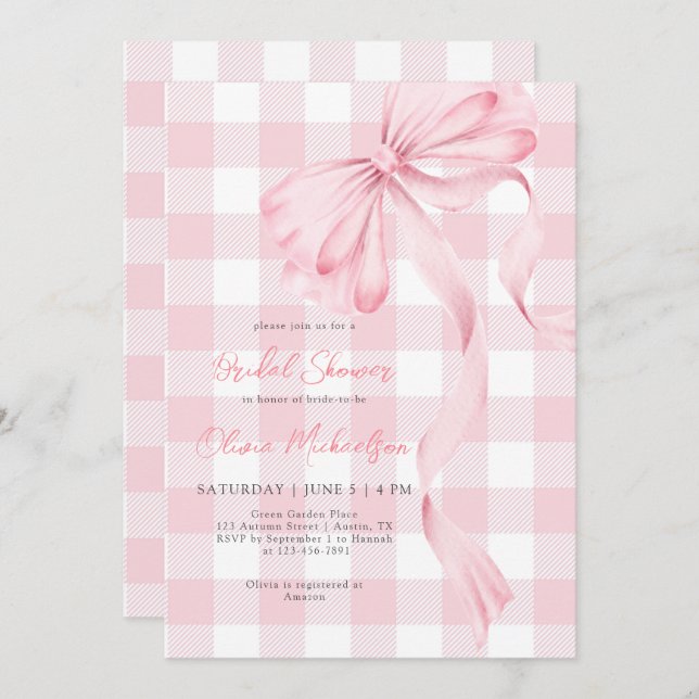 Invitation Coquette Bow Blush Plaid Pink Ribbon Fête des mari (Devant / Derrière)