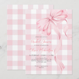 Invitation Coquette Bow Blush Plaid Pink Ribbon Fête des mari
