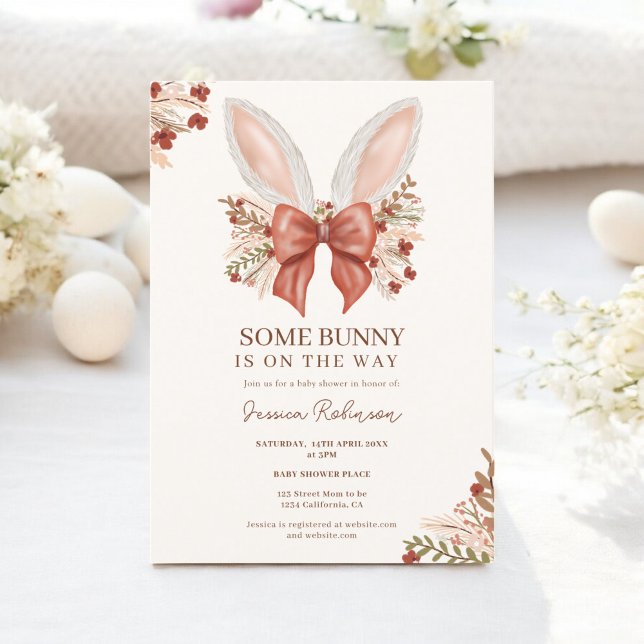 Invitation Coquette Bow Boho Bunny Oreilles Pâques Baby showe (Coquette Bow Boho Bunny Ears Easter Baby Shower Invitation)