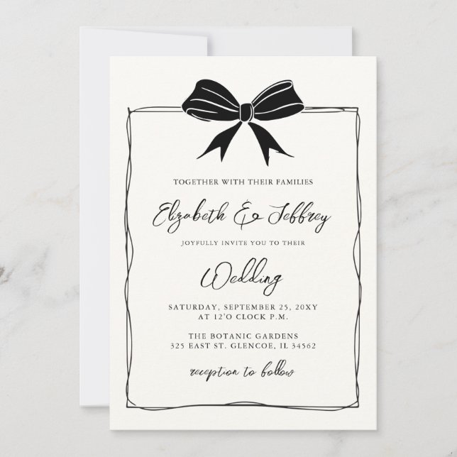 Invitation Coquette Bow dessinée à la main Mariage chic moder (Devant)