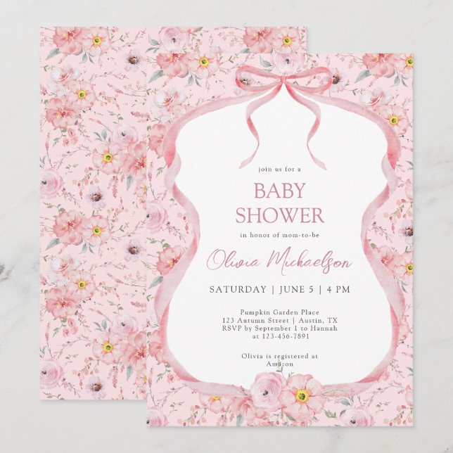 Invitation Coquette Bow floral Baby shower fille ruban rose (Devant / Derrière)