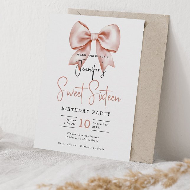 Invitation Coquette Bow or rose doux Script Sweet 16 (Rose Gold Bow Coquette Cute Script Sweet 16 Invitation)
