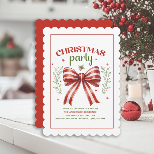 Invitation Coquette Bow Red White Scalloped Christmas Party (Red and white striped bow Christmas party invitation)