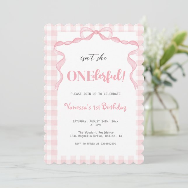 Invitation Coquette Bow Rose Bleu 1er Anniversaire (Debout devant)