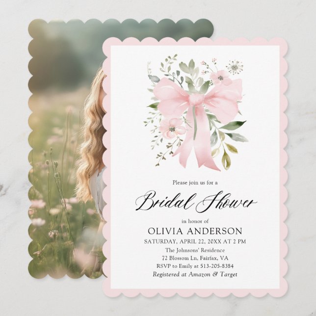 Invitation Coquette Bow rose Fête des mariées à galets florau (Devant / Derrière)