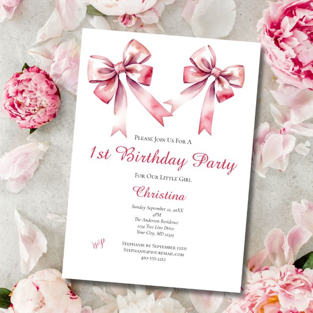 Invitation Coquette Bow rose Fille 1er anniversaire Invitatio (Pink Bow Coquette aesthetic baby girl 1st birthday party invitation. Digital or printed)