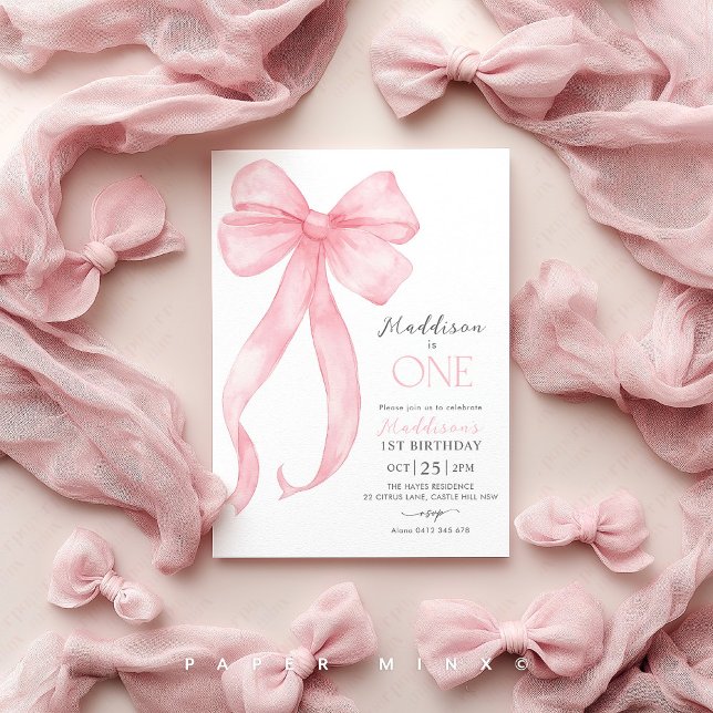 Invitation Coquette Bow rose Filles 1er anniversaire (Pink Bow 1st Birthday Invitation | Girl's First Birthday Coquette Invitation | Pink Bow Party)