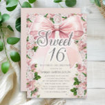 Invitation Coquette Bow rose Floral Vintage Sweet 16<br><div class="desc">Elégante coquette rose vintage avec aquarelle rose vif floral (roses) et aquarelle verte peinte feuilles sur rose Sweet 16 anniversaire invitation avec parties scintillant argent pétillant. Contactez-moi pour obtenir de l'aide sur vos personnalisations afin de demander des produits Zazzle correspondants ou coordonnés supplémentaires pour votre événement.</div>
