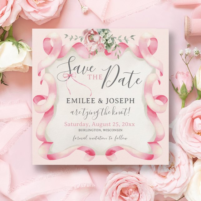 Invitation Coquette Bow rose mariage floral Enregistrer la da (Modern Trendy Coquette feminine pink bow ribbon floral vintage wedding save the date, Tying the Knot)