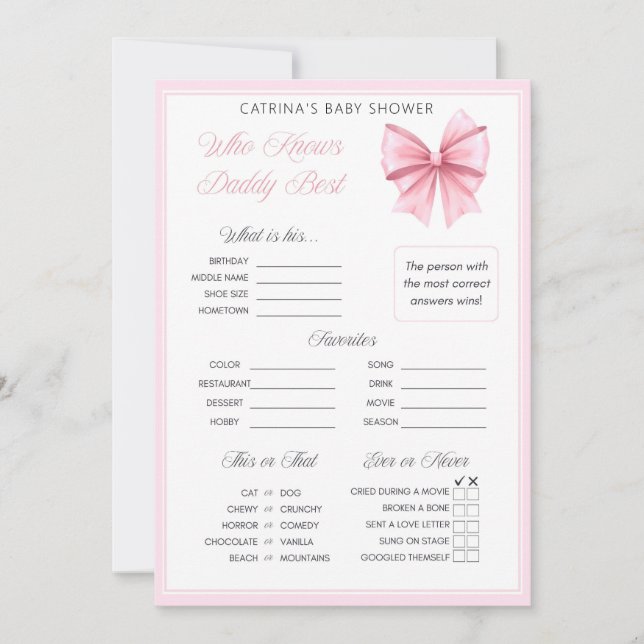 Invitation Coquette Bow rose - Nom modifiable, 5x7 (Devant)