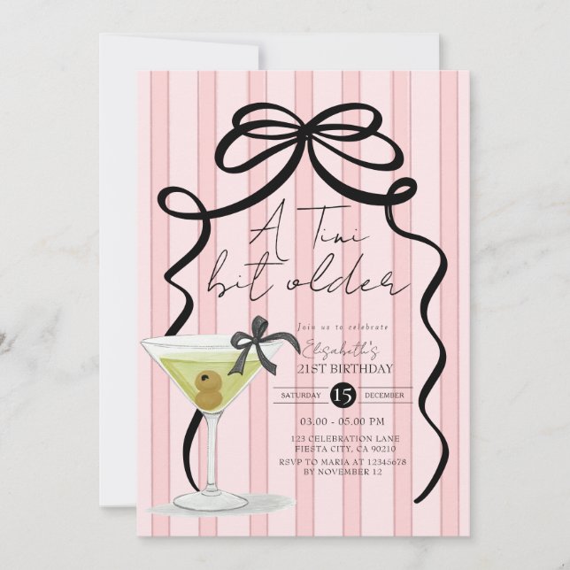 Invitation Coquette Bow rose pâle Martini Olive Anniversaire (Devant)