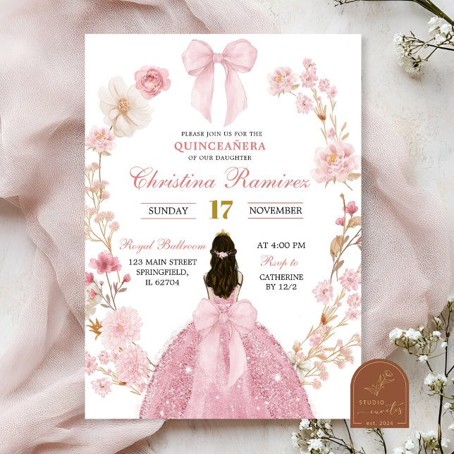 Invitation Coquette Bow rose Quinceanera fleurie princesse (Créateur téléchargé)