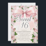 Invitation Coquette Bow rose Vintage Floral Sweet 16<br><div class="desc">Elégante et glamour coquette rose arc avec aquarelle rose vif vintage floral (roses) et couleur verte peinte feuilles sur rose Sweet 16 anniversaire invitation avec parties scintillant argent pétillant. Contactez-moi pour obtenir de l'aide sur vos personnalisations afin de demander des produits Zazzle correspondants ou coordonnés supplémentaires pour votre événement.</div>