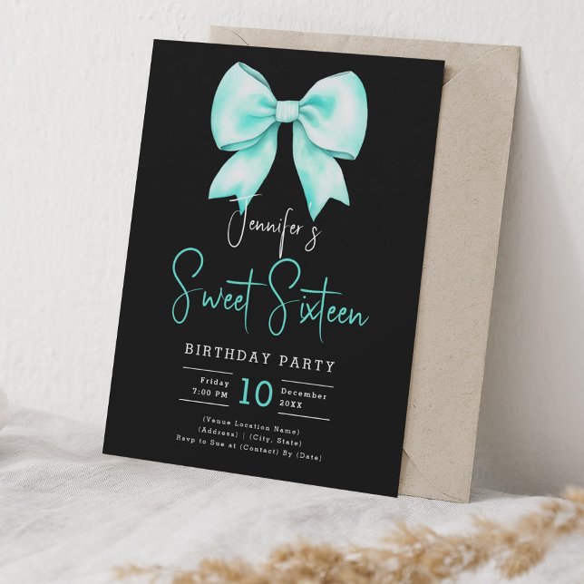Invitation Coquette Bow Turquoise Script Sweet 16 Noir (Turquoise Bow Coquette Script Sweet 16 Black Invitation)