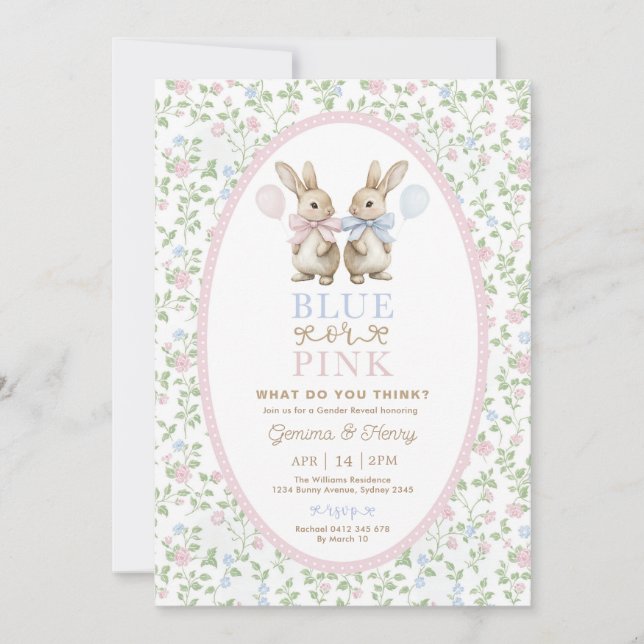 Invitation Coquette Bunny Blue or Pink Gender Reveal (Devant)