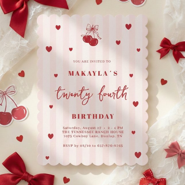 Invitation Coquette Cherry 24th Heart Aesthetic Birthday (Créateur téléchargé)