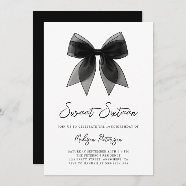 Invitation Coquette Chic Minimal Black Bow Sweet 16 Birthday (Devant / Derrière)