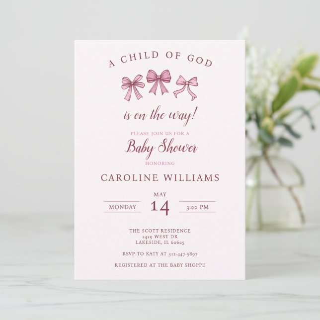 Invitation Coquette Chrétienne Rose Bébé Fille Enfant de Dieu (Debout devant)