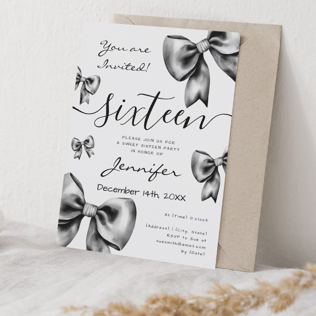Invitation Coquette Classique Black Bow Sweet 16 Party (Classy Coquette Black Bow Sweet 16 Party Invitation)