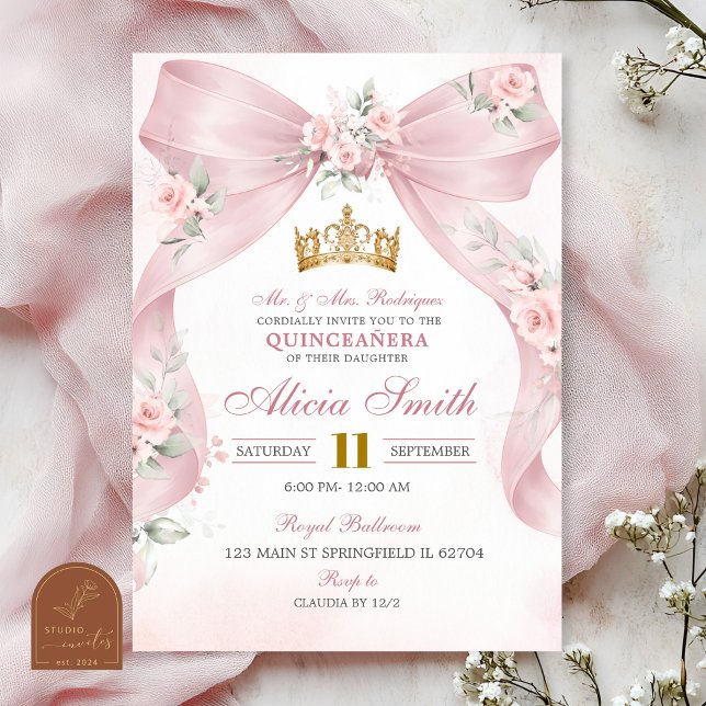 Invitation Coquette Couronne Rose Quinceanera (Créateur téléchargé)