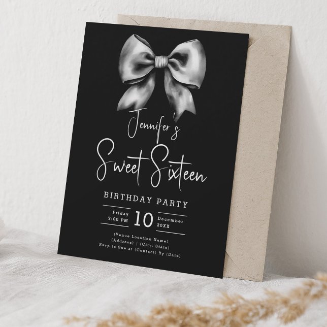 Invitation Coquette Cute Bow Script Sweet 16 Party Noir (Cute Bow Coquette Script Sweet 16 Party Black Invitation)