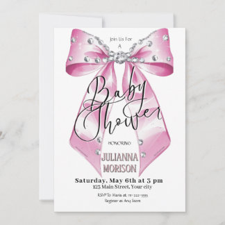 Invitation Coquette Diamant Rose Bow Baby shower fille