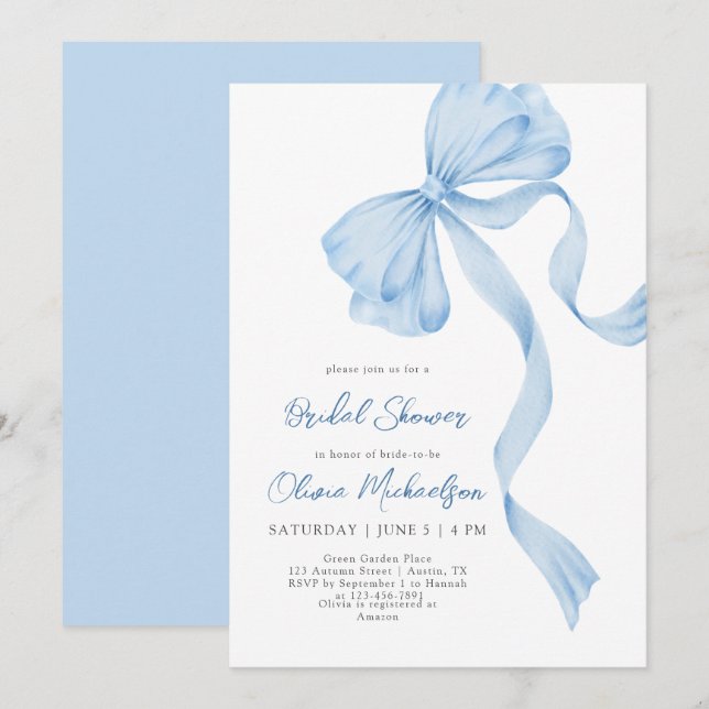 Invitation Coquette Dusty Blue Bow Ribbon Fête des mariées (Devant / Derrière)
