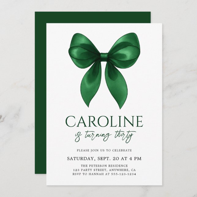 Invitation Coquette Elegant Emerald Bow Adult Birthday Party (Devant / Derrière)