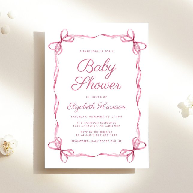 Invitation Coquette Élégante Bows Rose Baby Girl Douche (Celebrate the upcoming arrival of your baby girl with a vintage-inspired coquette bows baby shower)