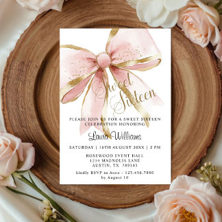 Invitation Coquette Élégante Rose & Nœud Doré Sweet Sixteen