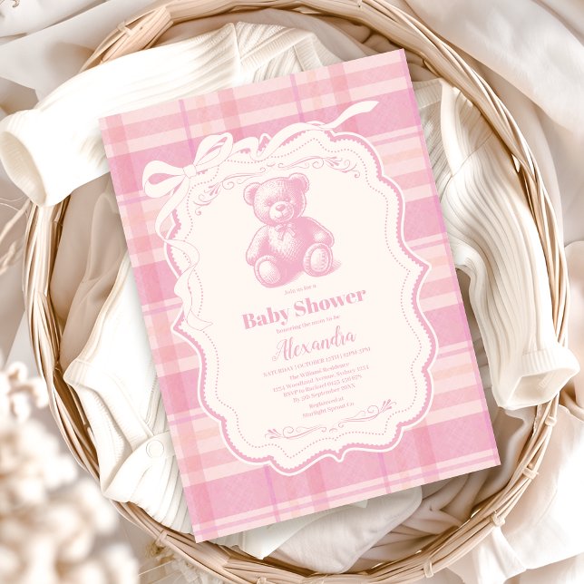 Invitation Coquette En vichy Baby shower d'ours en peluche fr (Créateur téléchargé)