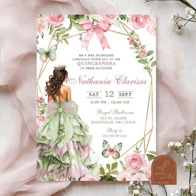 Invitation Coquette Enchanted Forest Sage Blush Pink Quincé (Créateur téléchargé)