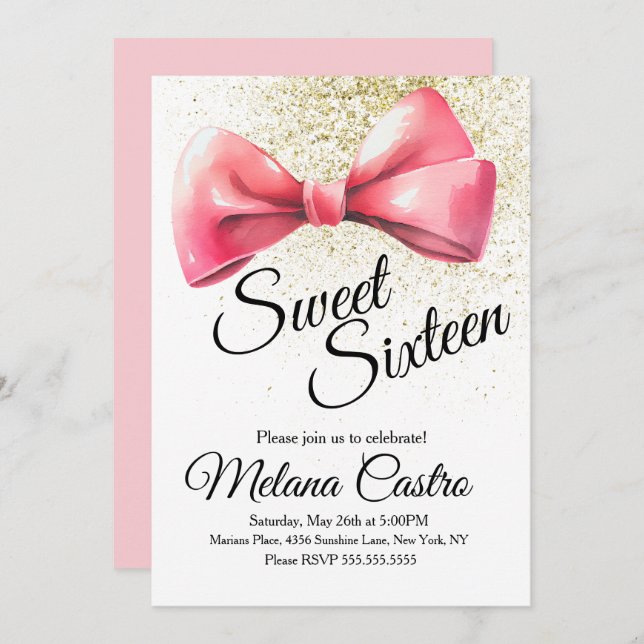 Invitation Coquette Filles Bow Rose Sweet 16 Anniversaire (Devant / Derrière)