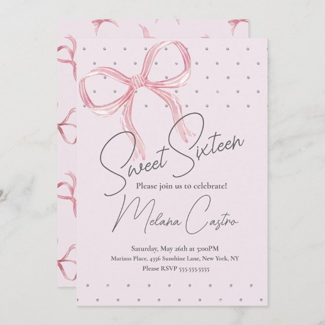 Invitation Coquette Filles Bow Rose Sweet 16 Anniversaire (Devant / Derrière)