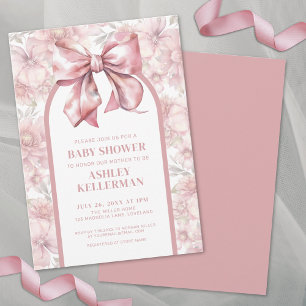 Invitation Coquette Fleurs Ruban Rose Fête de Naissance Bébé 