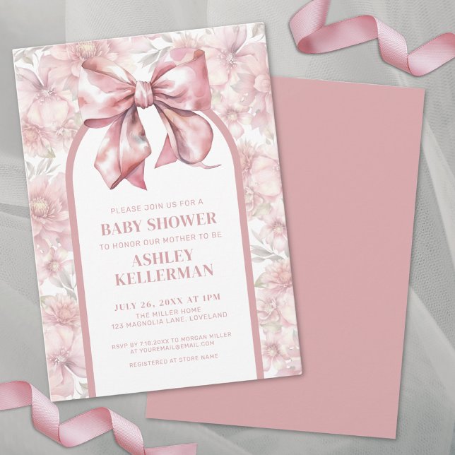 Invitation Coquette Fleurs Ruban Rose Fête de Naissance Bébé  (Coquette Floral Bow Pink Girl Baby Shower Invitation)