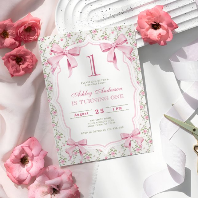 Invitation Coquette florale Bow rose 1er anniversaire (Créateur téléchargé)