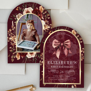 Invitation Coquette florale en Bourgogne Arc de noeud Premier