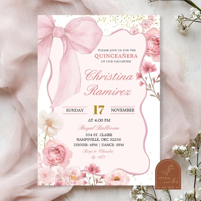 Invitation Coquette Florale Quinceanera Ruban Rose  (Créateur téléchargé)